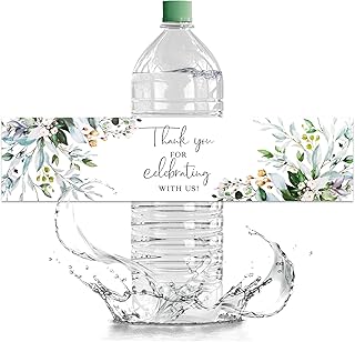 Wedding Water Bottle Labels, 50Pcs Glossy Floral Waterproof Wrappers Wraparound Rectangle Label Thank You Stickers for Bridal Shower Birthday