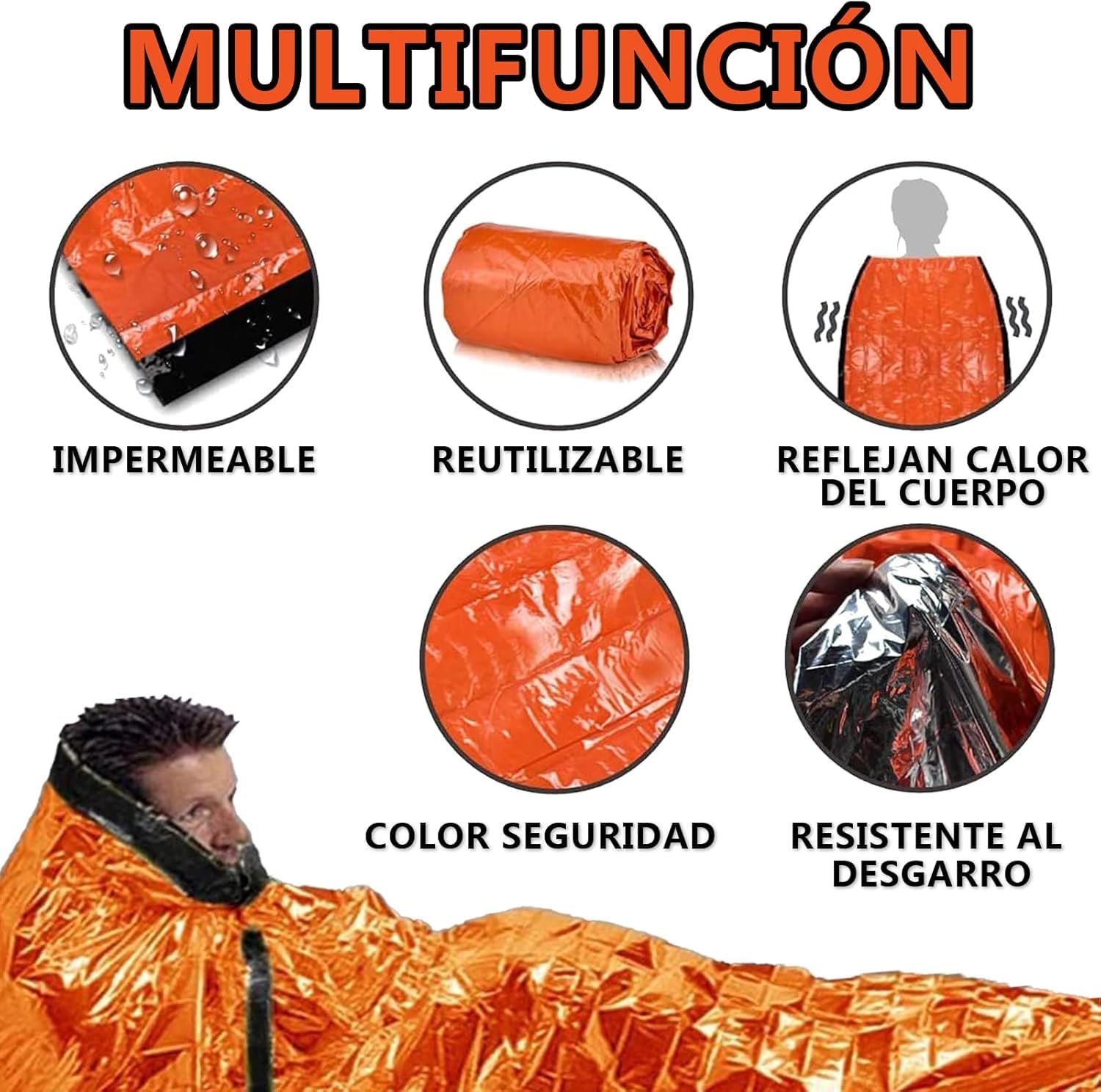 Kits de survie isolés pour l'extérieur - Couvertures d'urgence (lot de 5), 1 sac de couchage d'urgence, 1 tente d'urgence, 1 poncho d'urgence en Mylar