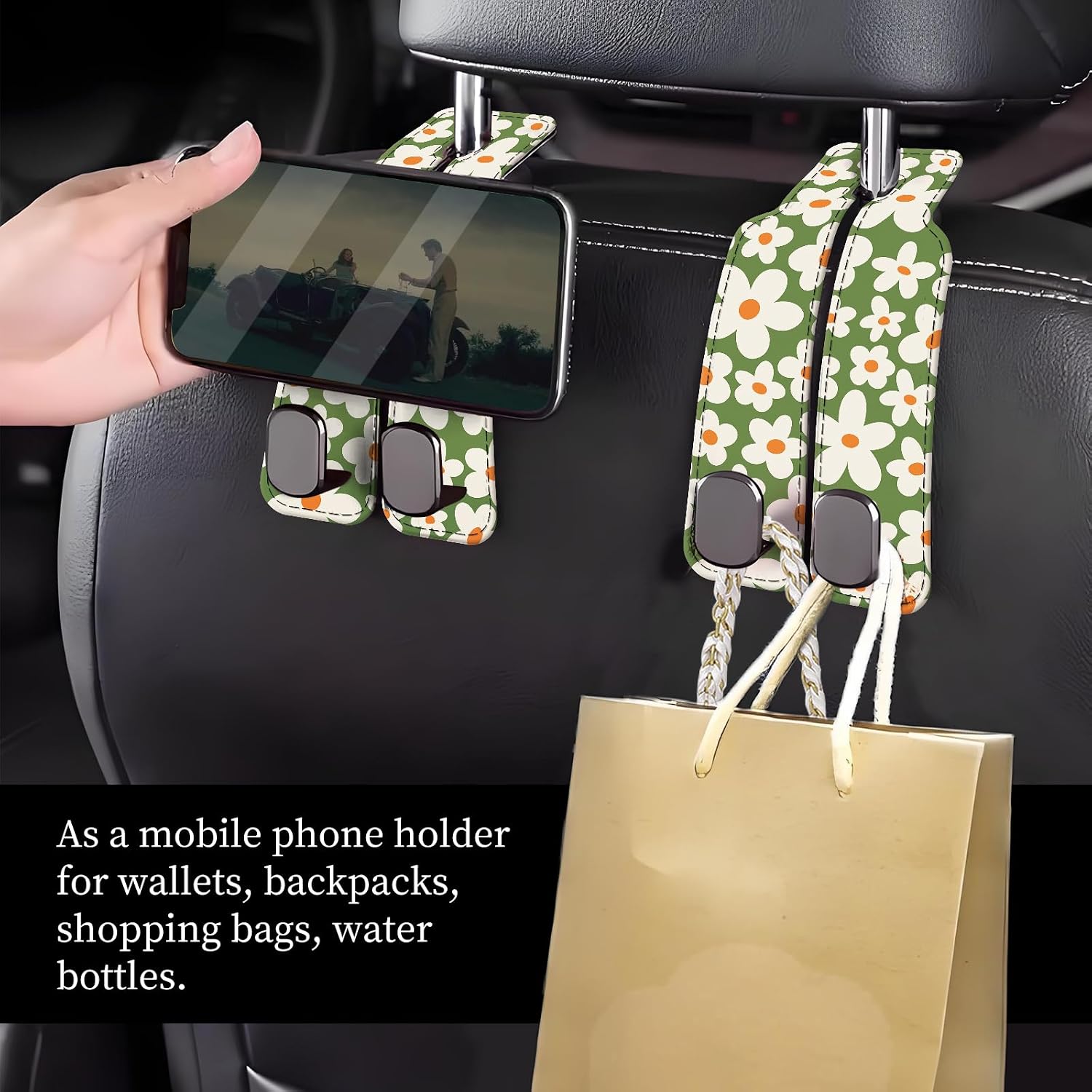 Car Seat Headrest Hook, Universal Leather Cute Hanger Holder Hook, Storage Organizer Interior Accessories for Purse Bags Handbag Cute Green Daisy