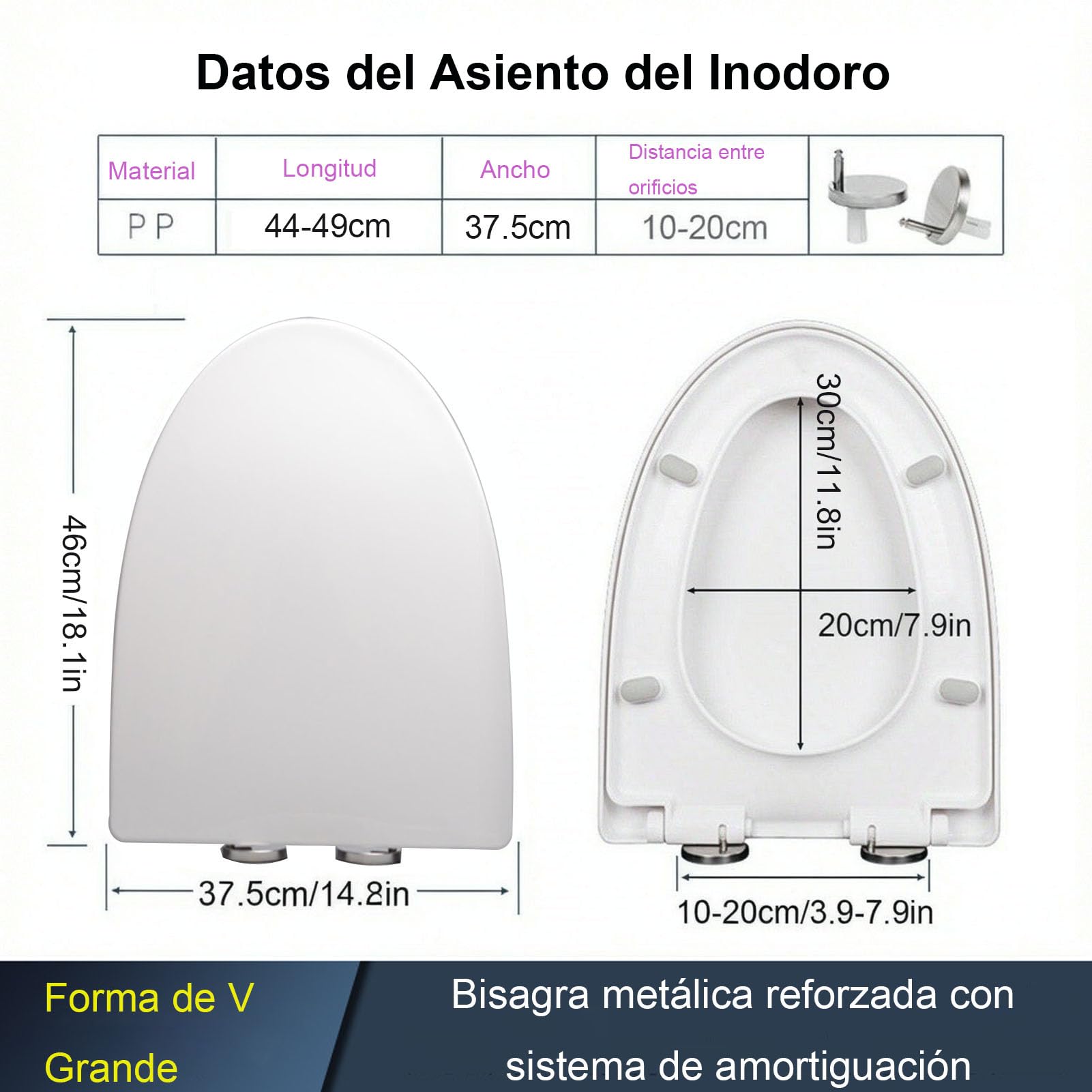 Tapa WC Universal en Forma V, Asiento de Inodoro de Duroplast, 46x37.5cm