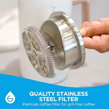 GROSCHE Dub'lin Stainless Steel Coffee Maker French Press 8 Cup | 34 FL Oz Coffee Press, 18/8 Double Walled Stainless Steel French Press Coffee Maker - Hot/Cold Brew | Stainless French Press - WHITE