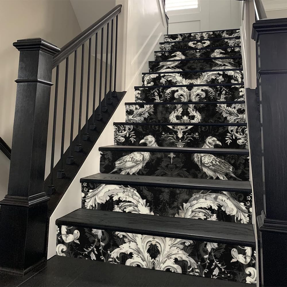 REDAMANCY Black and White Damask Flower Peel and Stick Vinyl Stair Riser Decals - Abstract Boho Art Modern Decoration Self-Adhesive Home Decor Staircase Tile Stickers (14Pcs)