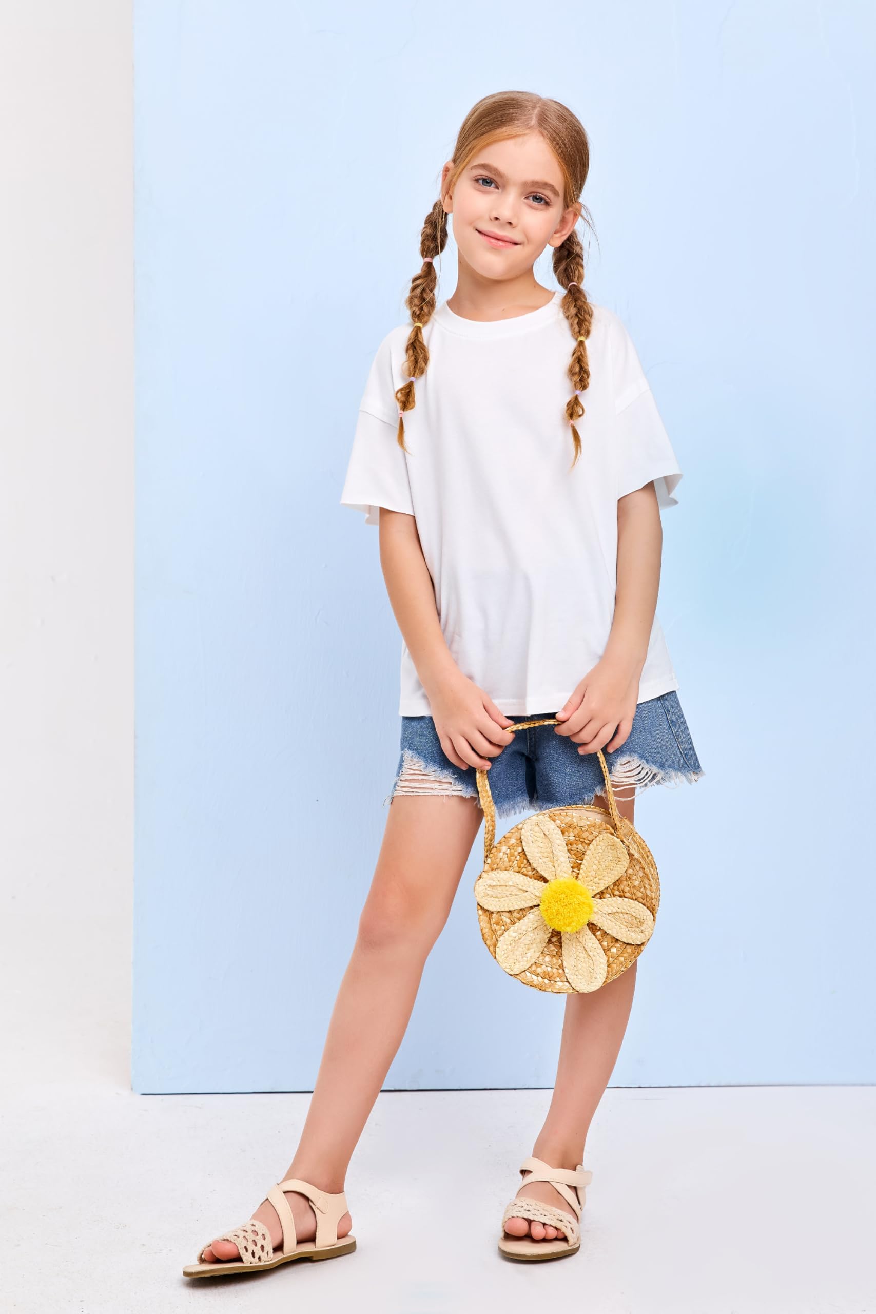 Haloumoning Camiseta de manga corta para niñas de algodón holgada cuello redondo