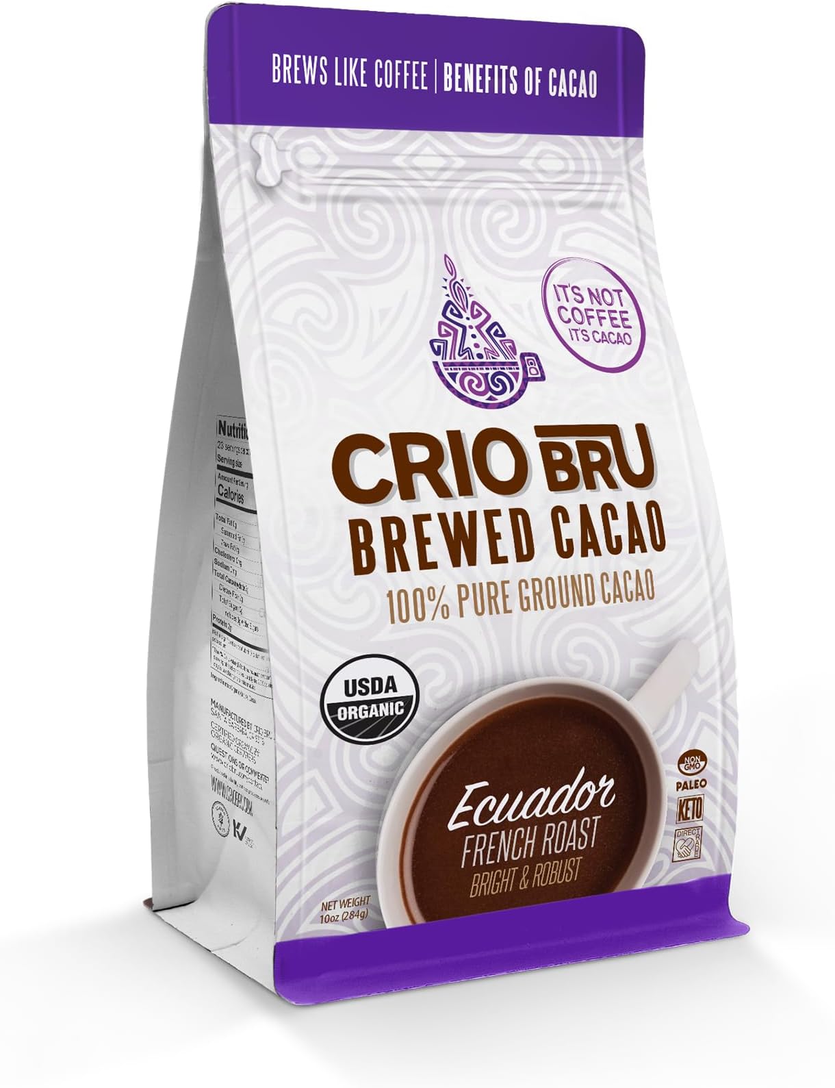 Crio Bru Brewed Cacao Ecuador French Roast Coffee Alternative Natural Healthy Drink | Made with 100% Pure Ground Cacao Beans | 99.99% Caffeine Free, Keto, Low Carb, Paleo, Non-GMO (10 Ounce (Pack of 1), Organic)