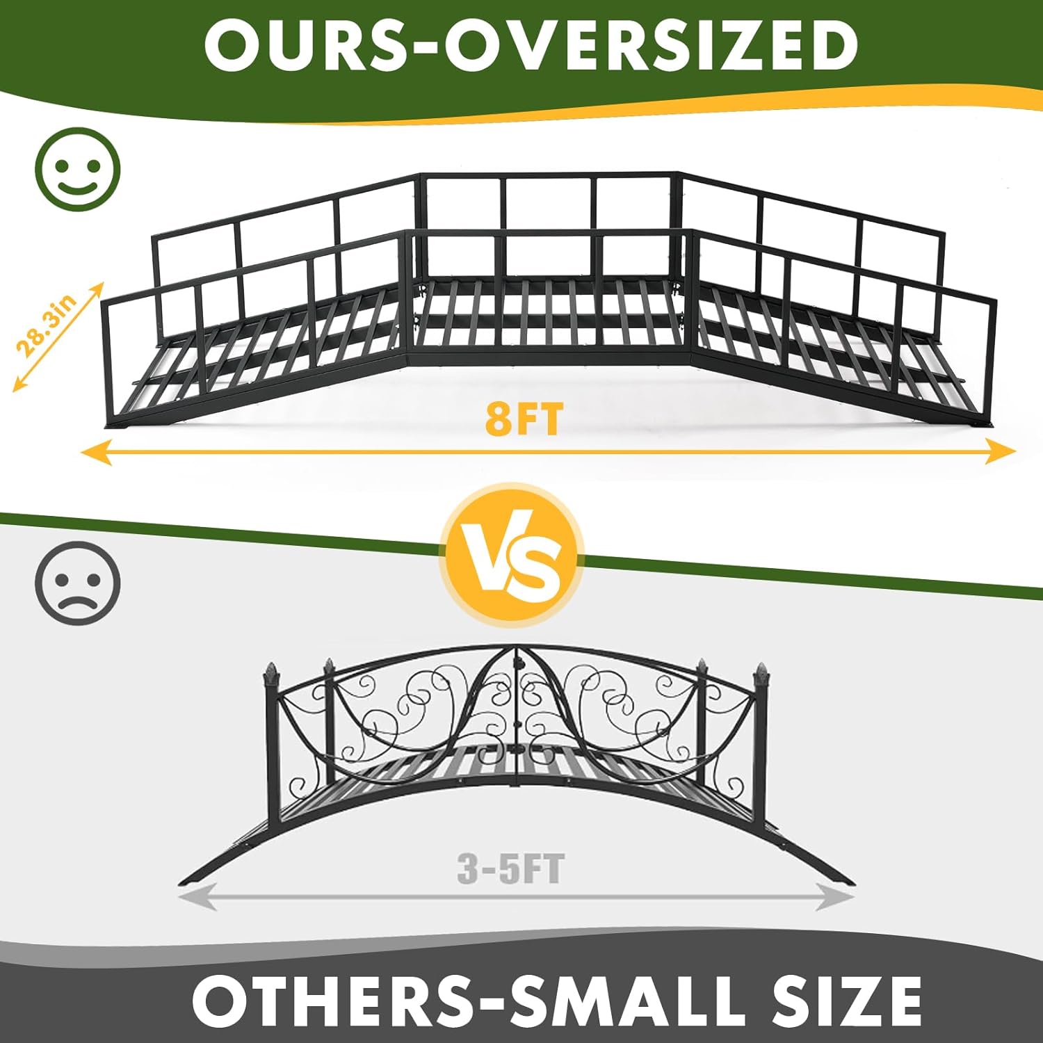 Metal Garden Bridge 8 FT with 4 Ground Stakes, 770 lbs Capacity Black Powder Coated Footbridge for Backyard, Lawn, Creek, Stream & Garden Decor