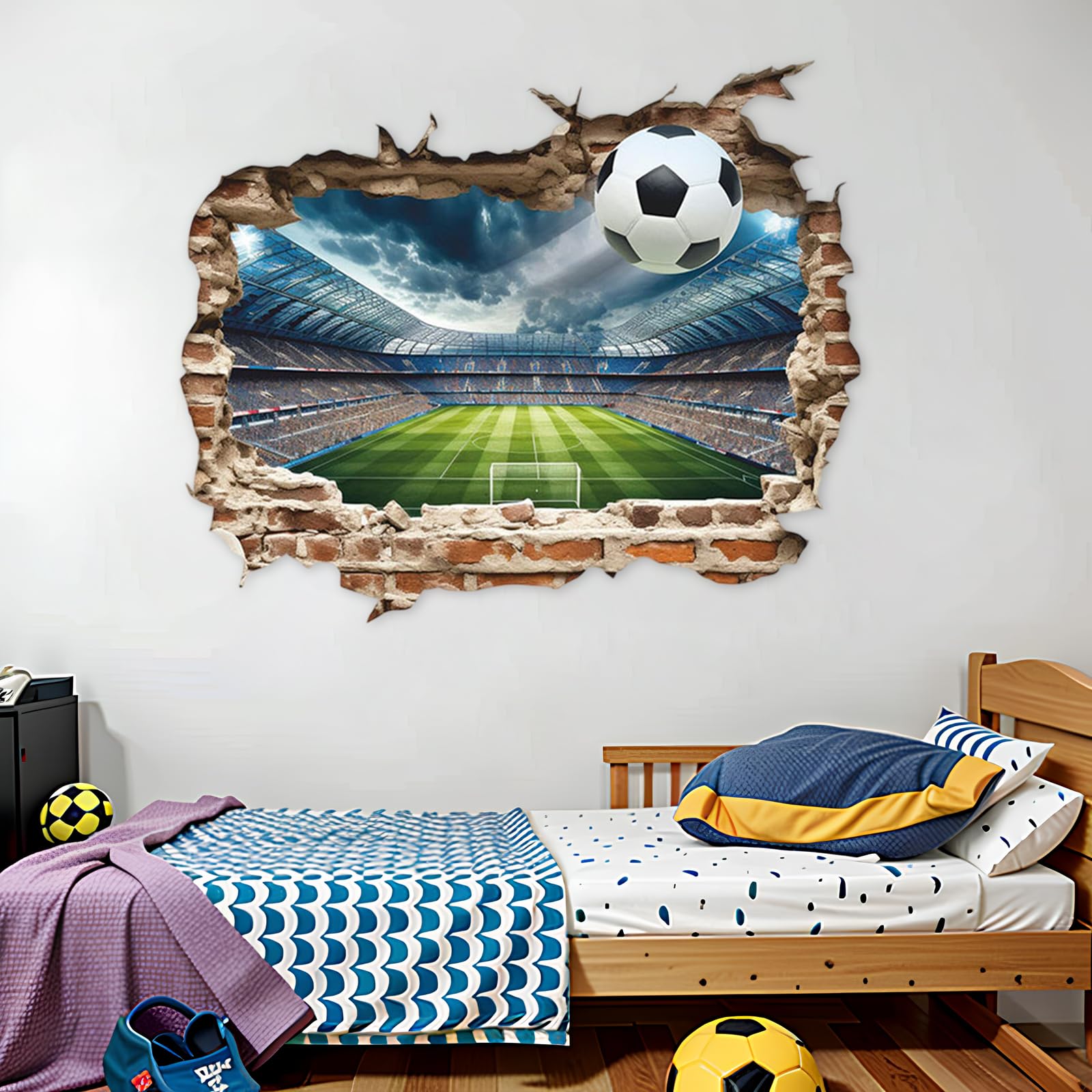 3D Football Stadium Wall Sticker for Boys Bedroom, Soccer Arena Breakthrough Wall Decal, Colourful Football Player Wall Art for Kids Room, Playroom, Classroom Home Decor