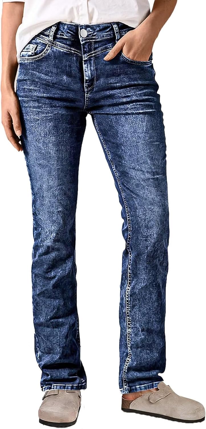 Flamingals Straight Leg Mid Waist Wash Casual Jeans for Women Distressed Stretchy Denim Pants
