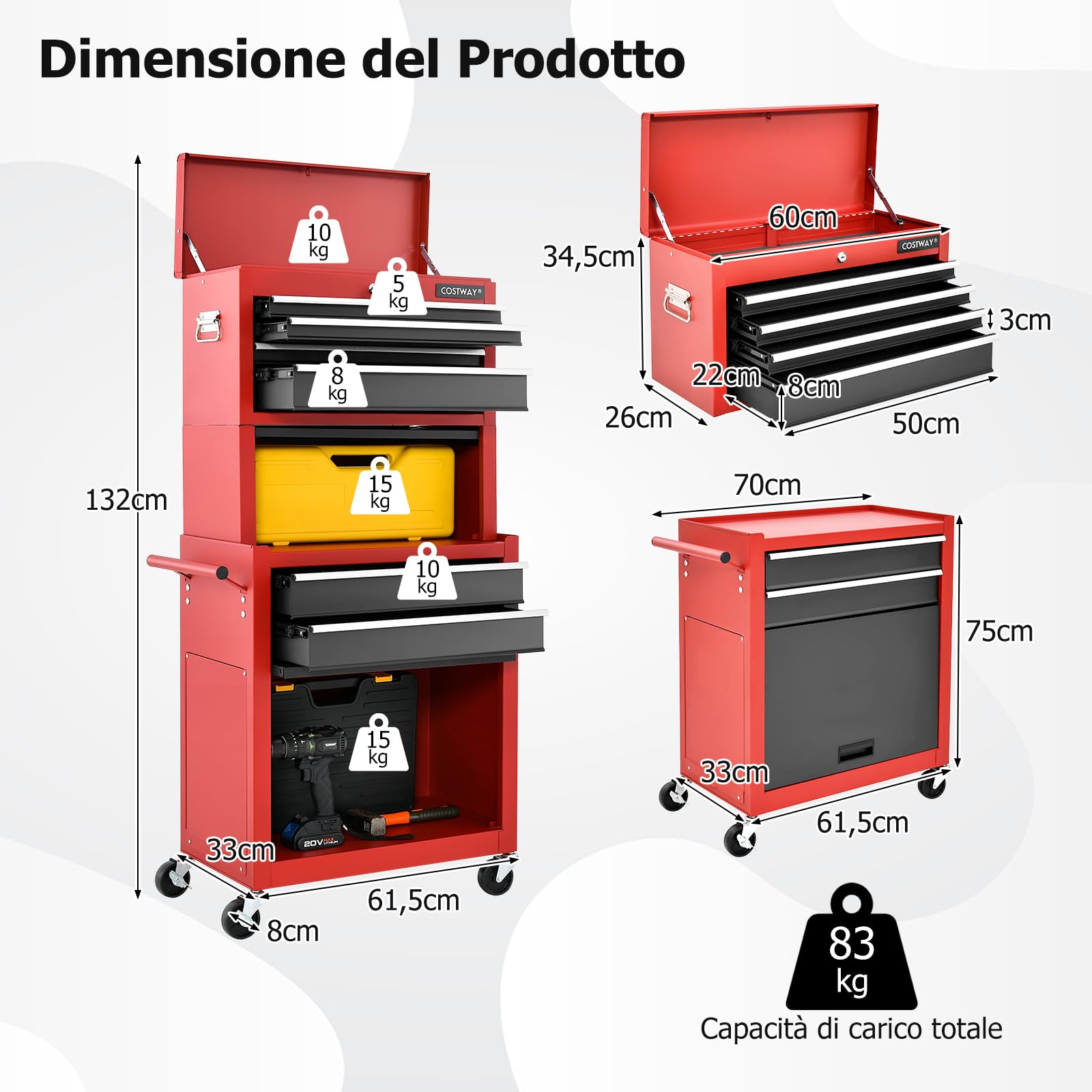 GYMAX Carrello Portautensili da Officina, Design 2 in 1 con Rotelle, Carrello con 6 Cassetti, Porte Scorrevoli e Serratura di Sicurezza, 61,5 x 33 x 132 cm (nero+rosso)