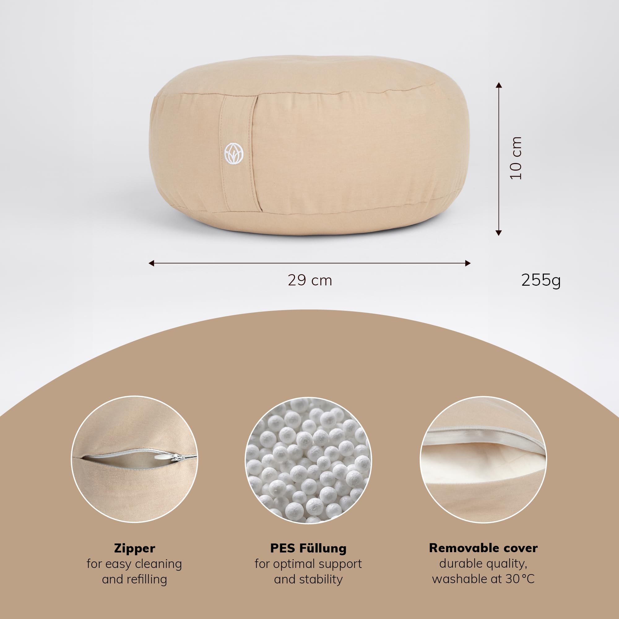 MYLILY Poduszka do jogi poduszka do medytacji – okrągła poduszka do jogi, Ø 29 cm, płaska 10 cm, lekka 255 g, poduszka do siedzenia, podłoga z poszewką bawełnianą nadającą się do prania, wegańska