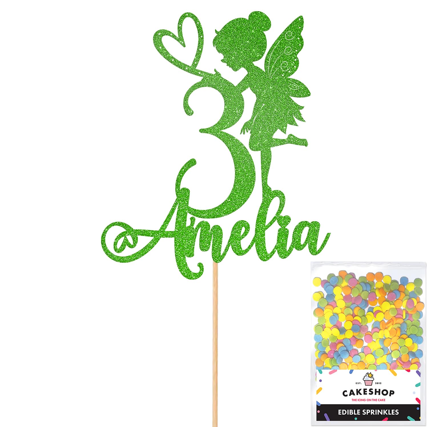 Personalised Fairy Gltter Cake Topper- Green Any Custom Name & Age Glitter Cake Decoration and Sprinkles - Happy Birthday Decorations - Personalised Toppers for Cakes by Cakeshop — image 1