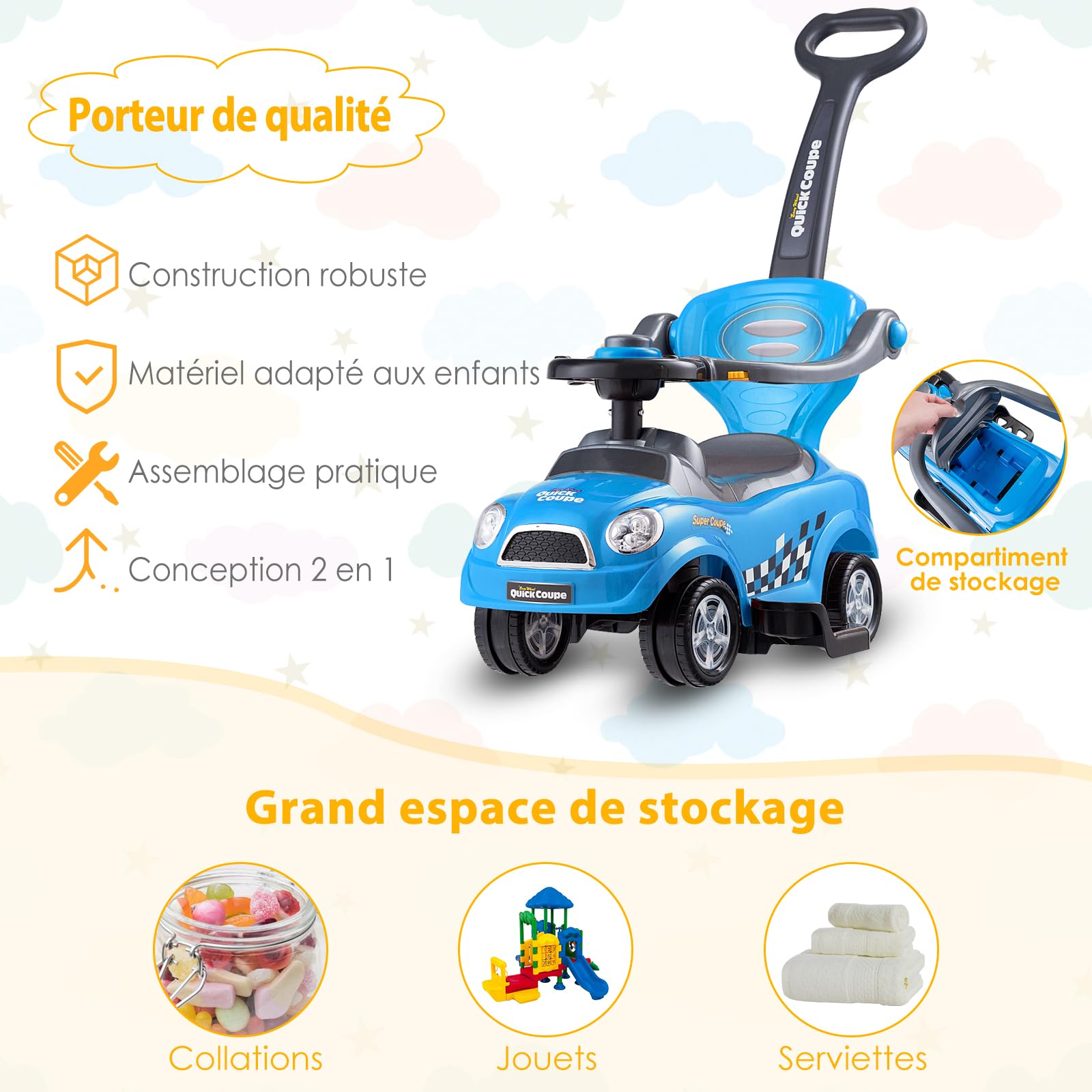 DREAMADE Voiture Enfant Porteur avec Barre de Sécurité Amovible & Anti-Basculement, pour 2-6 Ans (Bleu)