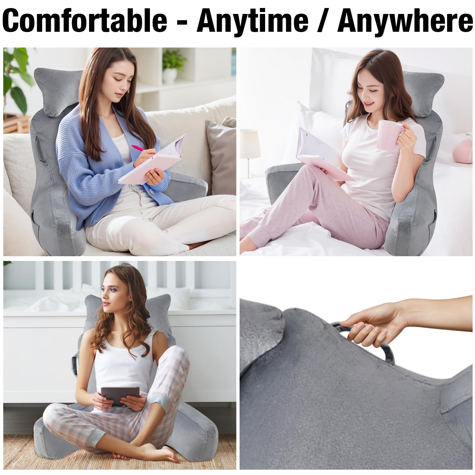 Suewidfay Almohada Lectura Cama, 90x80cm Grande Cojín Lectura con Respaldo Apoyo Lumbar y Cuello Desmontable y Brazos, Cojin Respaldo para Trabajar, Leer o Jugar en la Cama Sofá Suelo