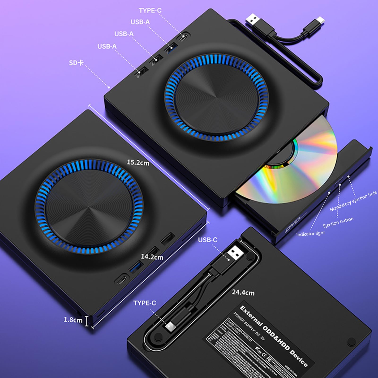 Dispositivo esterno silenzioso con cuscinetto antiscivolo, USB 3.0 ad alta velocità per masterizzatore USB esterno