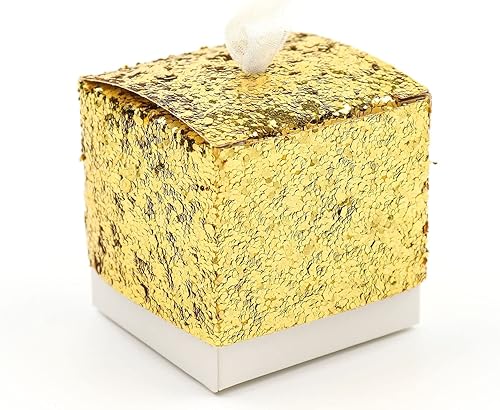 Miniatura 9 de TABLECLOTHSFACTORY - Paquete de 25 cajas de regalo con lentejuelas doradas de 2 pulgadas con lazo de cinta blanca, cajas de recuerdo de fiesta,