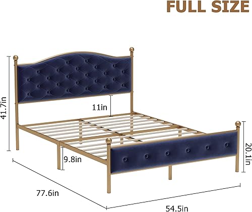 Miniatura 7 de Base de cama tapizada de tamaño matrimonial con botones y tela de terciopelo, base de colchón resistente con marco de metal y listones de madera,
