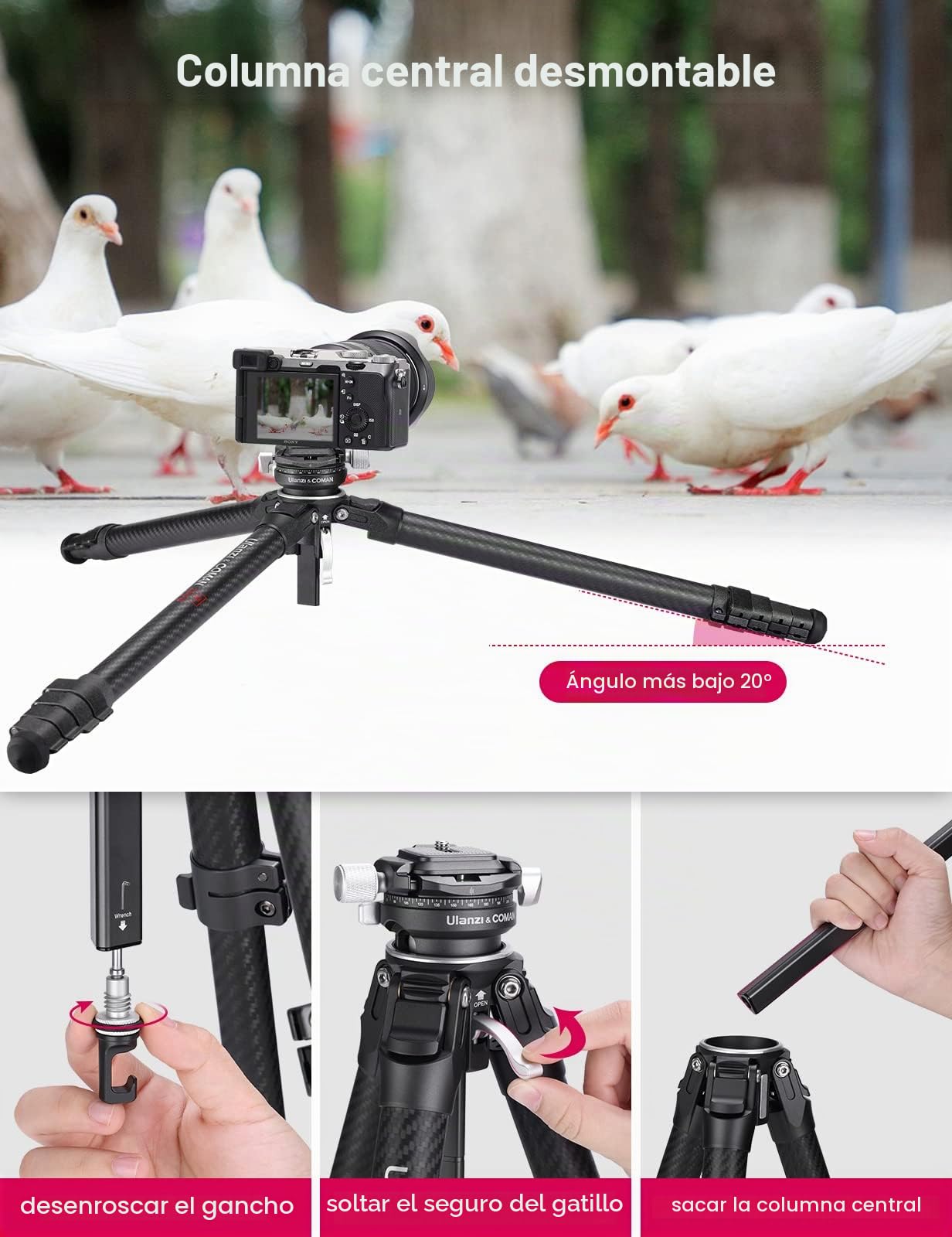 ULANZI Trípode de Viaje Zero Y, trípode de cámara de Carbono con Cabeza de Bola panorámica de 360° y arrendamiento rápido Arca, trípode de fotografía con Columna Central Desmontable, Capacidad de