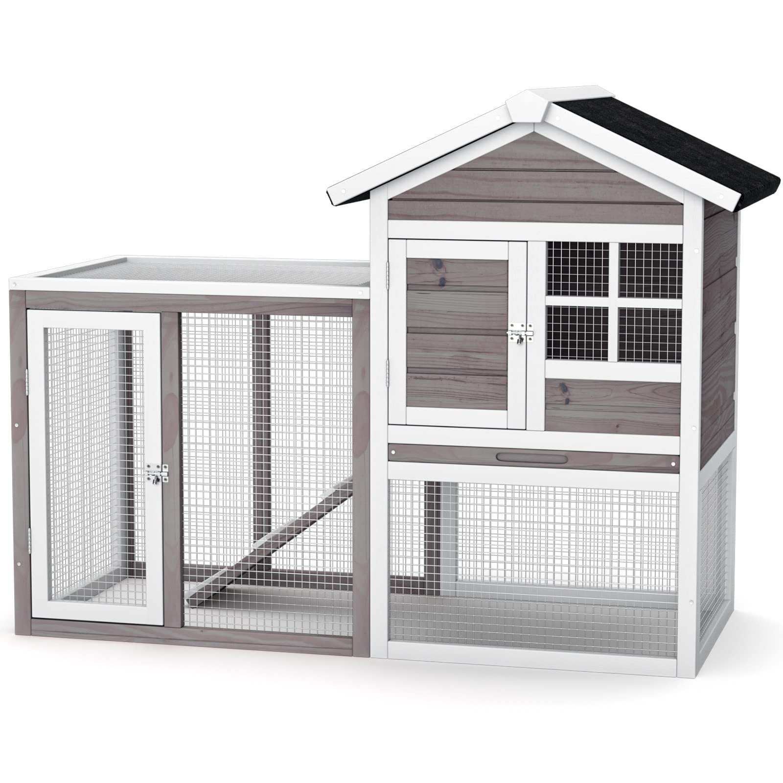 PETSITE Rabbit Hutch, 48.5" Wooden Chicken Coop with Roof & Tray, Bunny Cage Indoor Outdoor, Guinea Pig Pet House for Small Animals, Grey