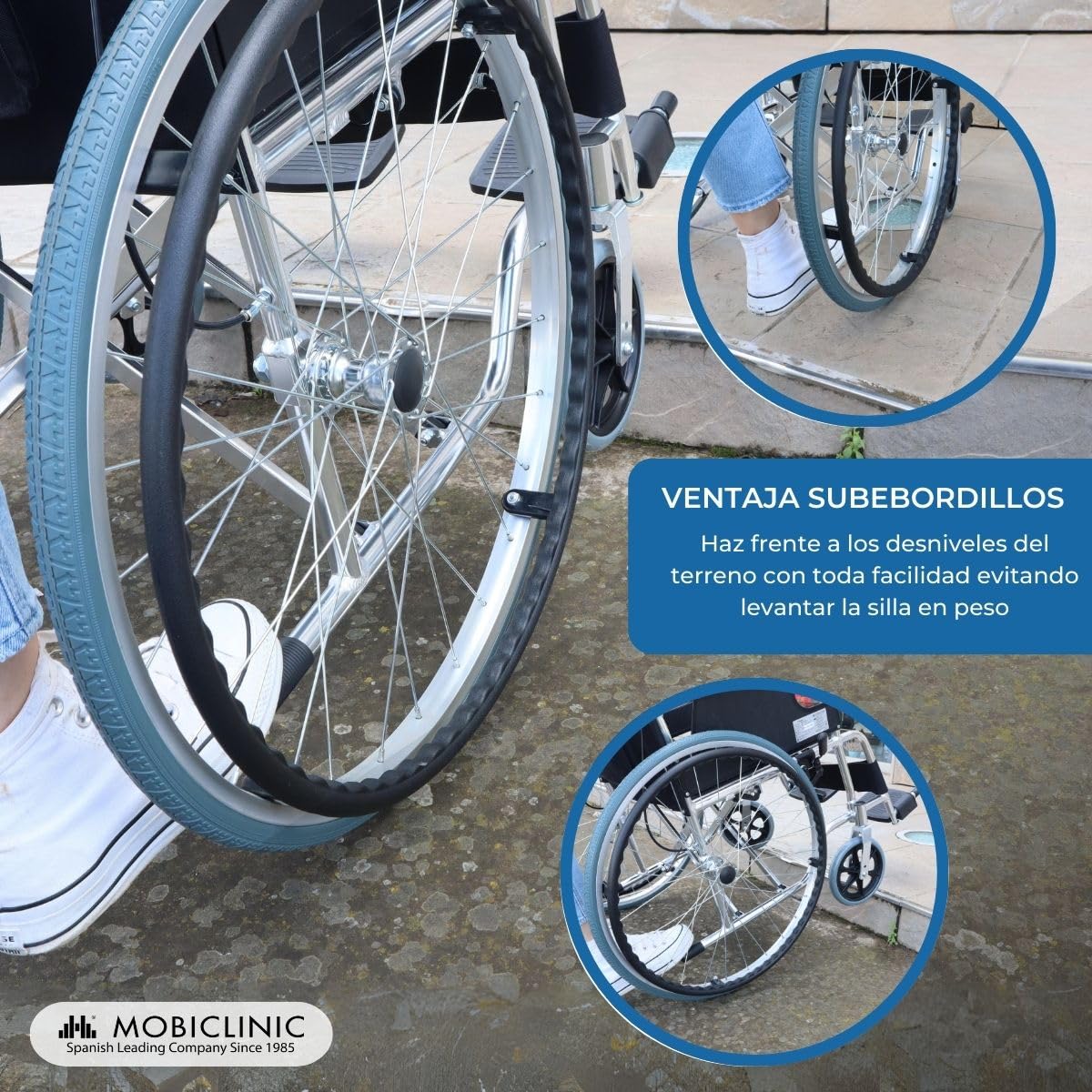 Mobiclinic®, Silla de ruedas, Plegable, Aluminio, Ligera, Modelo palacio, Asiento 46 cm, Doble sistema frenado, Respaldo partido, Reposapiés abatible, Marca española, Autopropulsable