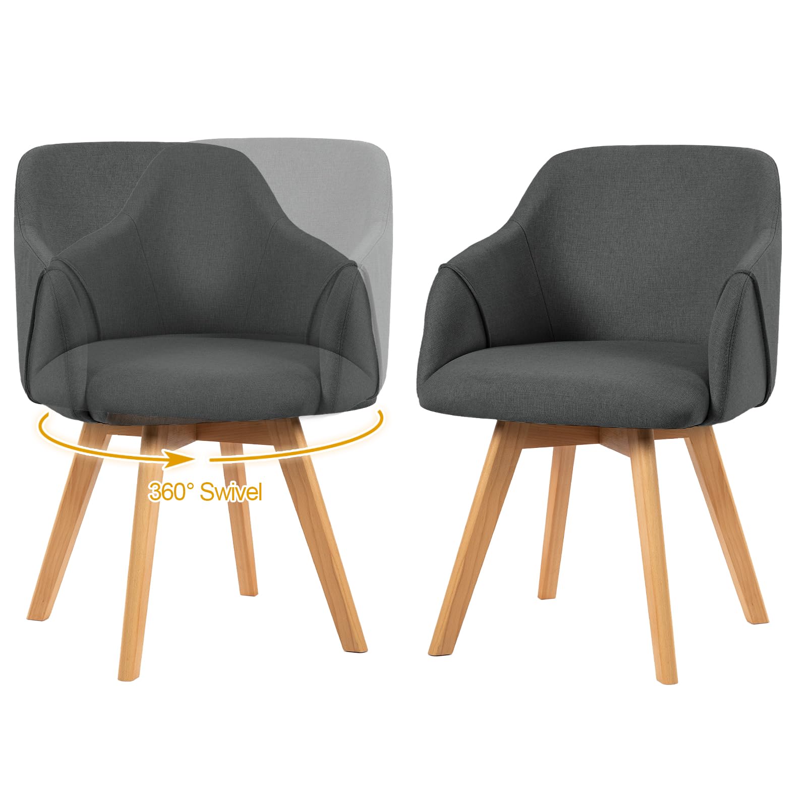 Swivel Dining Chairs Set of 2, Mid Century Modern Dining Chairs with Arms, Wood Legs, Linen Fabric Upholstered Kitchen Chairs for Dining Room Living Room, Comfortable Large Seat, Grey