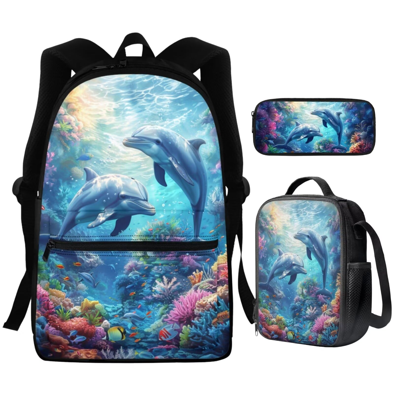 DISNIMO Cute Backpacks for Girls Dolphin Kids Bookbag with Lunch Box Pencil Case 3 Pcs School Backpack Set 15.75 inch Elementary Kindergarten Preschool School Bag Travel Daypack Mochilas Para NiñA