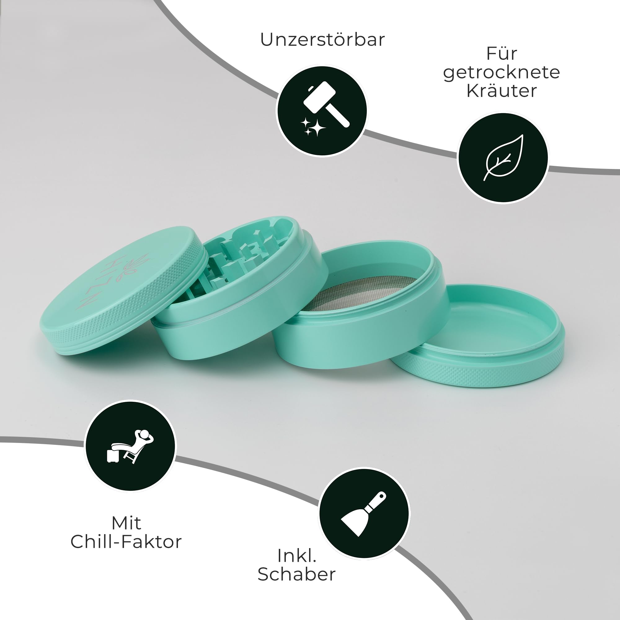 Keramik Grinder 4-teilig Ø 63mm, Premium Grinder mit Nano-Beschichtung, Metall Crusher Kräutermühle, Antihaft & langlebig, inkl. Zubehör-Set (Mint)