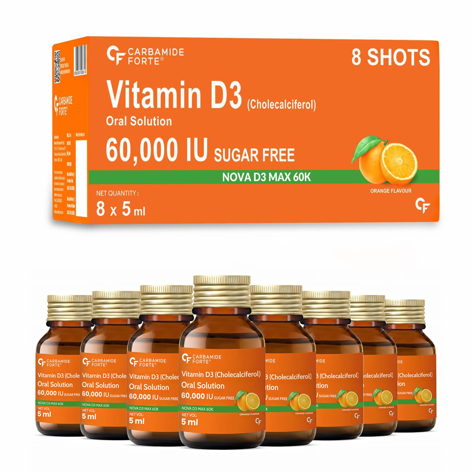 Carbamide Forte Vitamin D3 60000iu Shots | Vitamin D3 60000 iu Sugar Free Oral Solution| Vitamin D 3 60K Supplement for Men & Women  5ml Orange Flavou...