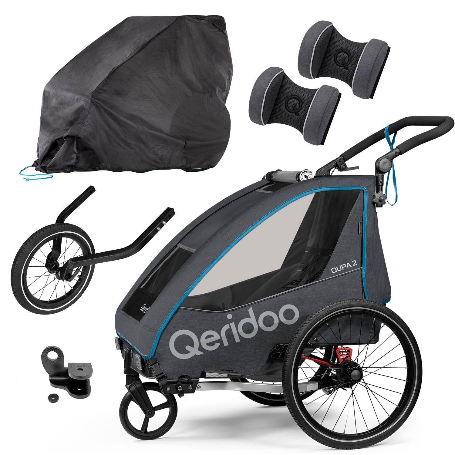 Qeridoo QUPA 2 Blue Comfort Sport Set | Fahrradanhänger 2 Kinder mit Joggerrad, Kupplung & Faltgarage | Kinderfahrradanhänger | Fahrrad Anhänger Kinder | Kinderanhänger Fahrrad | Jogger Kinderwagen