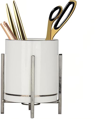 Miniatura 7 de Taza de cerámica duradera para bolígrafo, taza de cerámica de escritorio con patas de metal, soporte para bolígrafo blanco y negro para oficina,