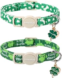 Lionet Paws 2pcs Pack St. Patrick Cotton Cat Collar,Breakaway Buckle with Clover and Bone Stick Cute Adjustable Green Cat Kitten Collar,Ideal for Girl Cats Boy Cats