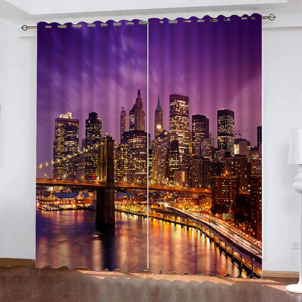MARBRE 3D New York Blackout Curtains Polyester Fabric 2 Panels 117x229cm Thermal Insulated Room Darkening Eyelet Curtain New York Window Drapes for Home Decoration(23-10)