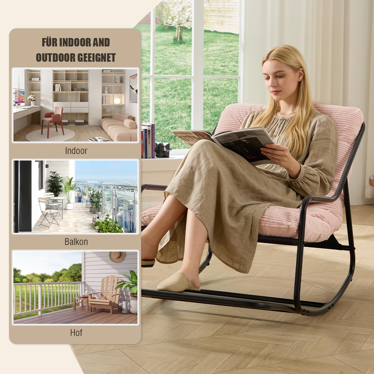Schaukelstuhl Loungesessel ohne Armlehnen, Lesenstuhl Relaxstuhl mit Metalrahmen, Stuhl drinnen & draußen für Wohnzimmer Balkon Garten, Cord Pink