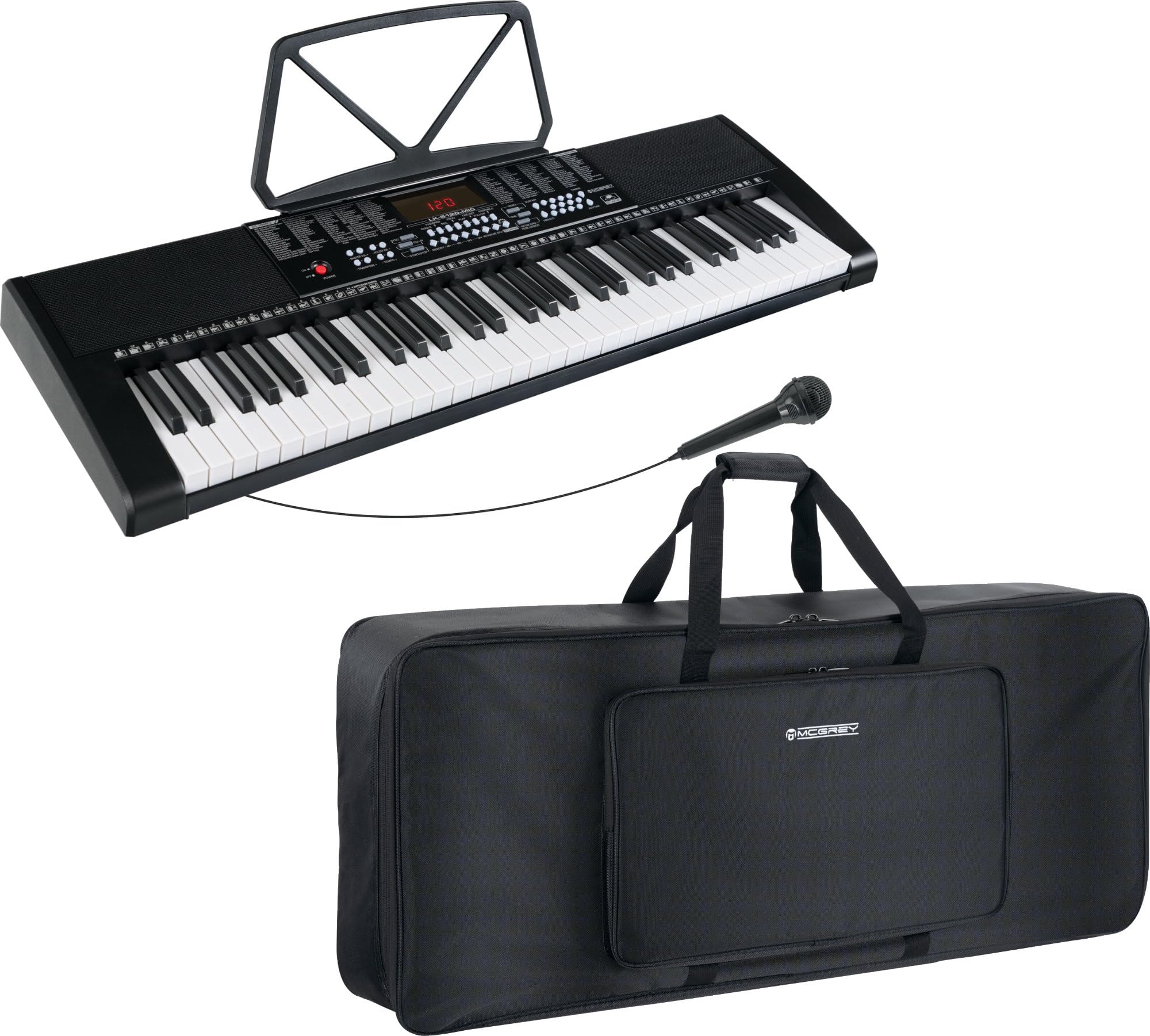 McGrey LK-6120-MIC Keyboard Taschen Set Schwarz - Einsteiger-Keyboard mit 61 Leuchttasten - 255 Sounds und 255 Rhythmen - 50 Demo Songs - Inklusive Mikrofon - Spar-Set inkl. Keyboardtasche