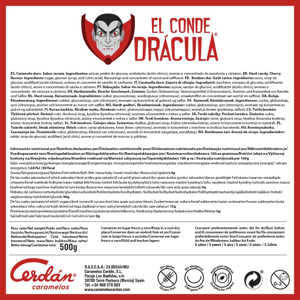 Caramelos Halloween El Conde Drácula Sabor Cereza 500 gr Caramelo Duro sin Gluten