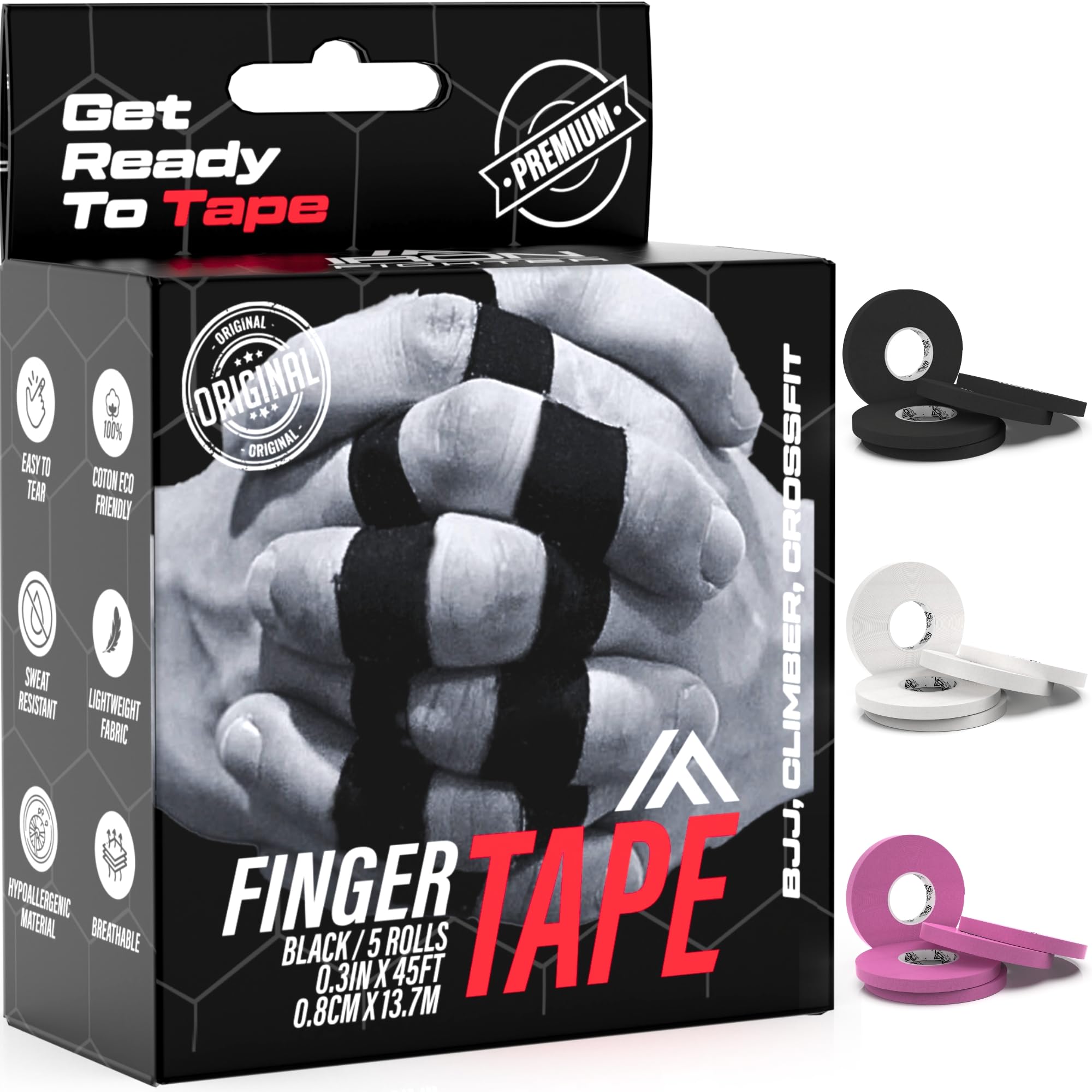 X5 Black Finger Tape for BJJ, [Easy to Cut], 0.3IN x 45FT, Athletic Tape for Fingers, Climbing, Sports - Jiu Jitsu, Judo, MMA, Volleyball, Crossfit, Baseball, Golf