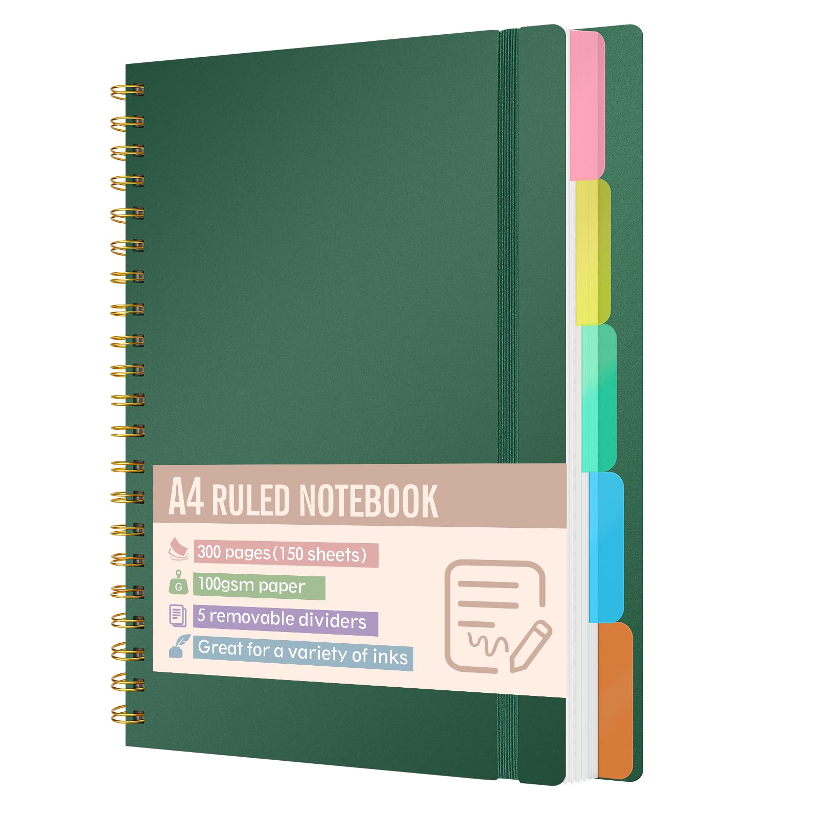 Cahier A4 ligné 300 pages 100 g/m² couverture rigide reliure spirale 5 intercalaires amovibles
