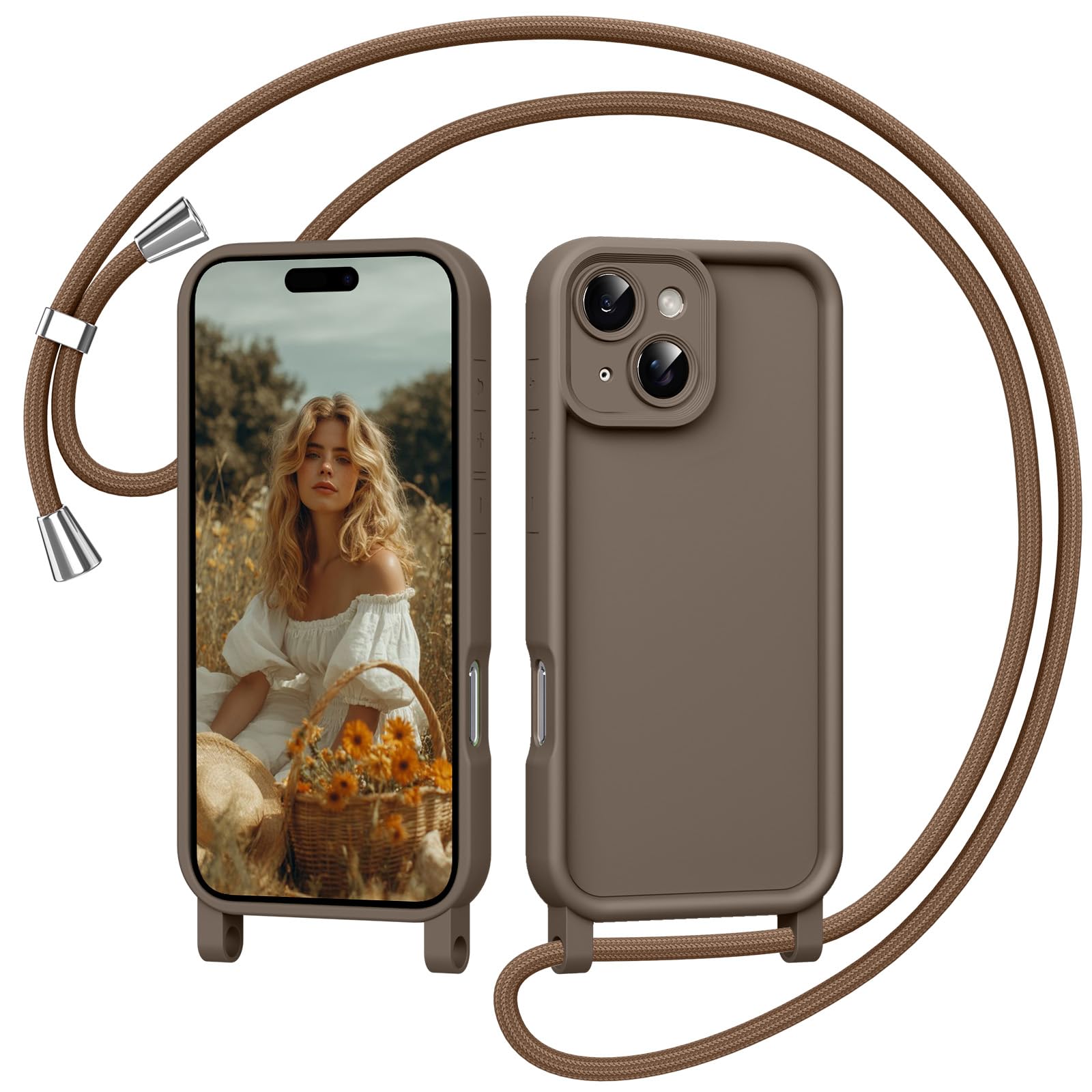 Coiwxmoi Cover per iPhone 14 Plus 6,7" con Cordino, Custodia con Laccio Collana Tracolla Regolabile Sottile Silicone Morbido TPU Bumper Antiurto AntiGraffio Protettiva Case per iPhone 14 Plus, Cachi