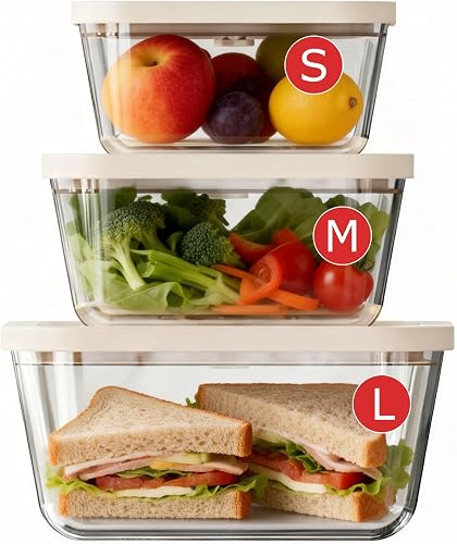Glass Vacuum Seal Containers for Food Storamge, Vacuum Container with Time Recording Disk, 3 pcs set (S, M, L), BPA-FREE, Dishwasher, Freezer & Microwave Safe Works with Handheld Vacuum Sealer Machine
