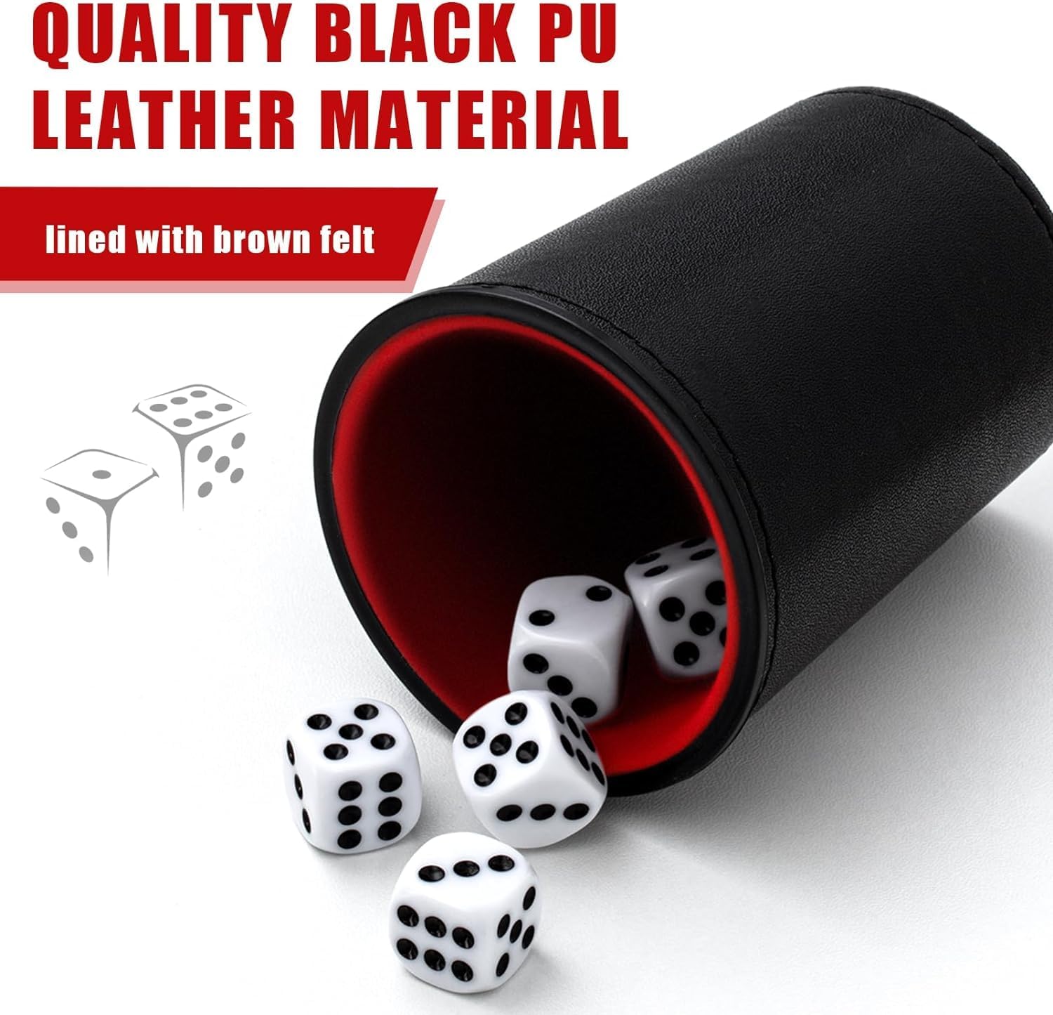 Leather Dice Cup, Quite Felt-Lined Interior, 6 Shaker Cups and 30 Dot Dices, one Carry Bag (Black and Red)