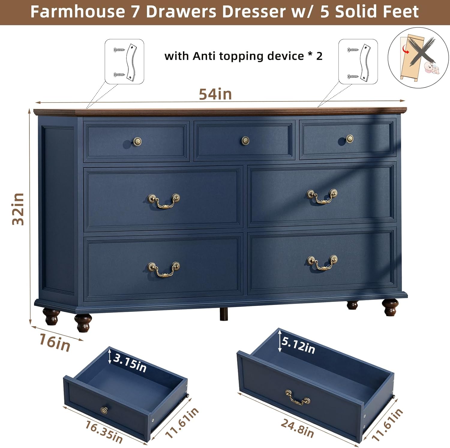 Joaxswe Farmhouse 54" 7 Drawers Dresser for Bedroom, Wide Chest of Drawers w/ 4 Wooden Legs, Vintage Rustic Large Closet Storage Dressers Organizer for Hallway, Wood TV Stand for Living Room, Blue