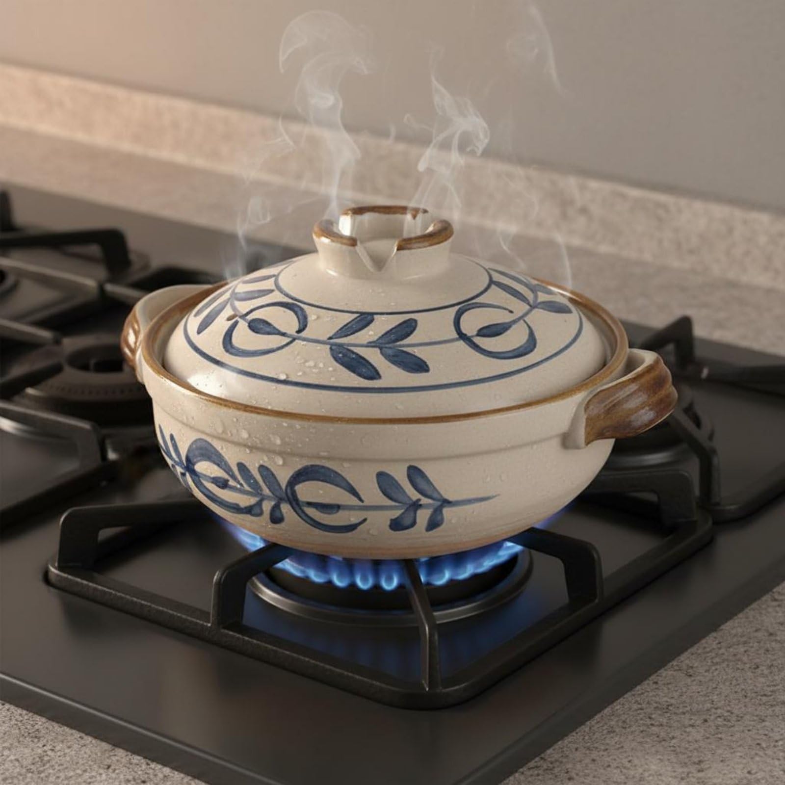Qianly Pentola in Argilla Stile Giapponese Materiale Naturale Pentola per Zuppa e Stufato Mantiene il Calore Casseruola in Terracotta con Coperchio, 1.6L, Karakusa