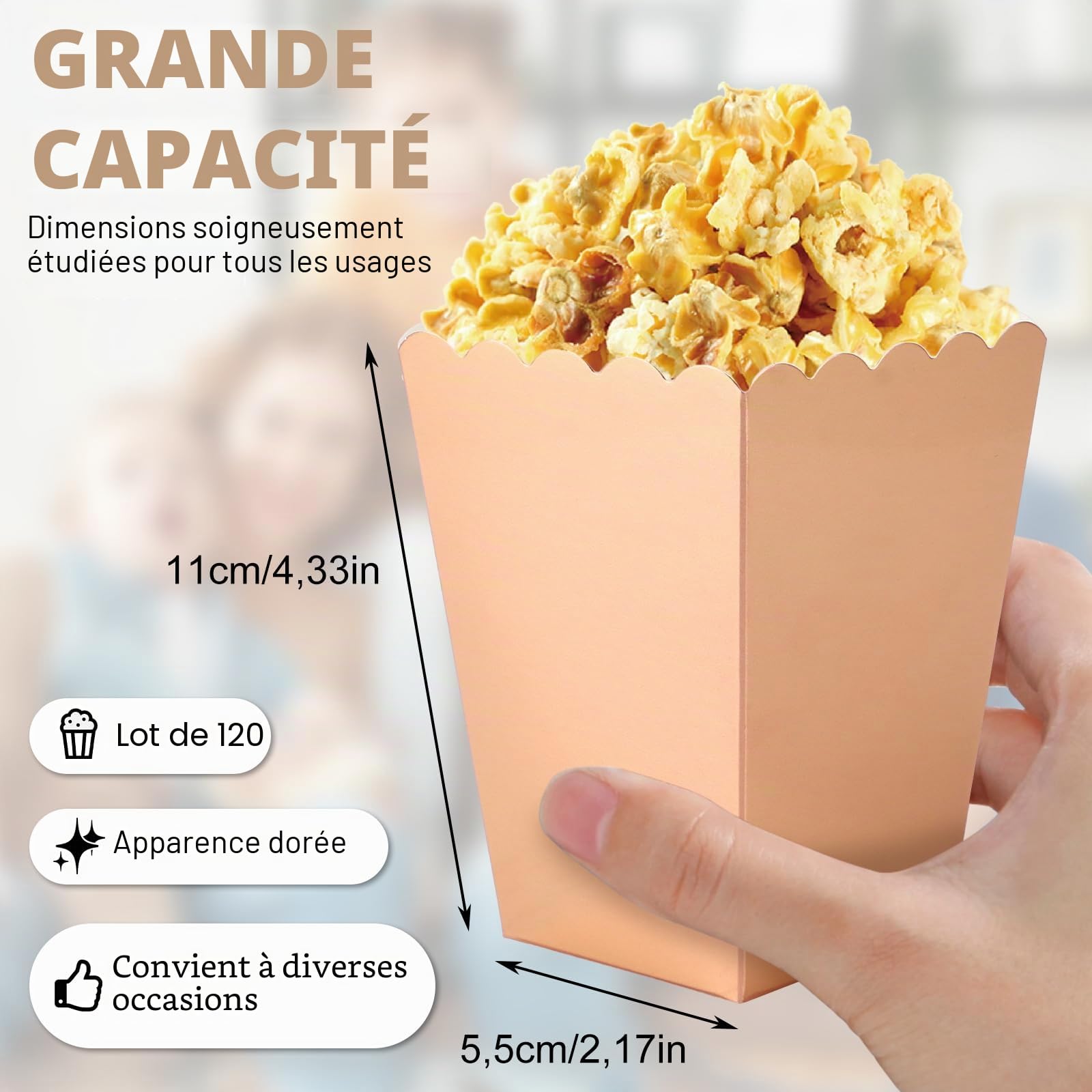 YAYODS Lot de 120 Boîte à Popcorn Or Rose - 10,5 x 7,5 x 5,5 cm Sachet Popcorn en Carton Résistant à l huile - Seau à Popcorn Petit Format pour Soirée Cinéma, Anniversaire et Fête