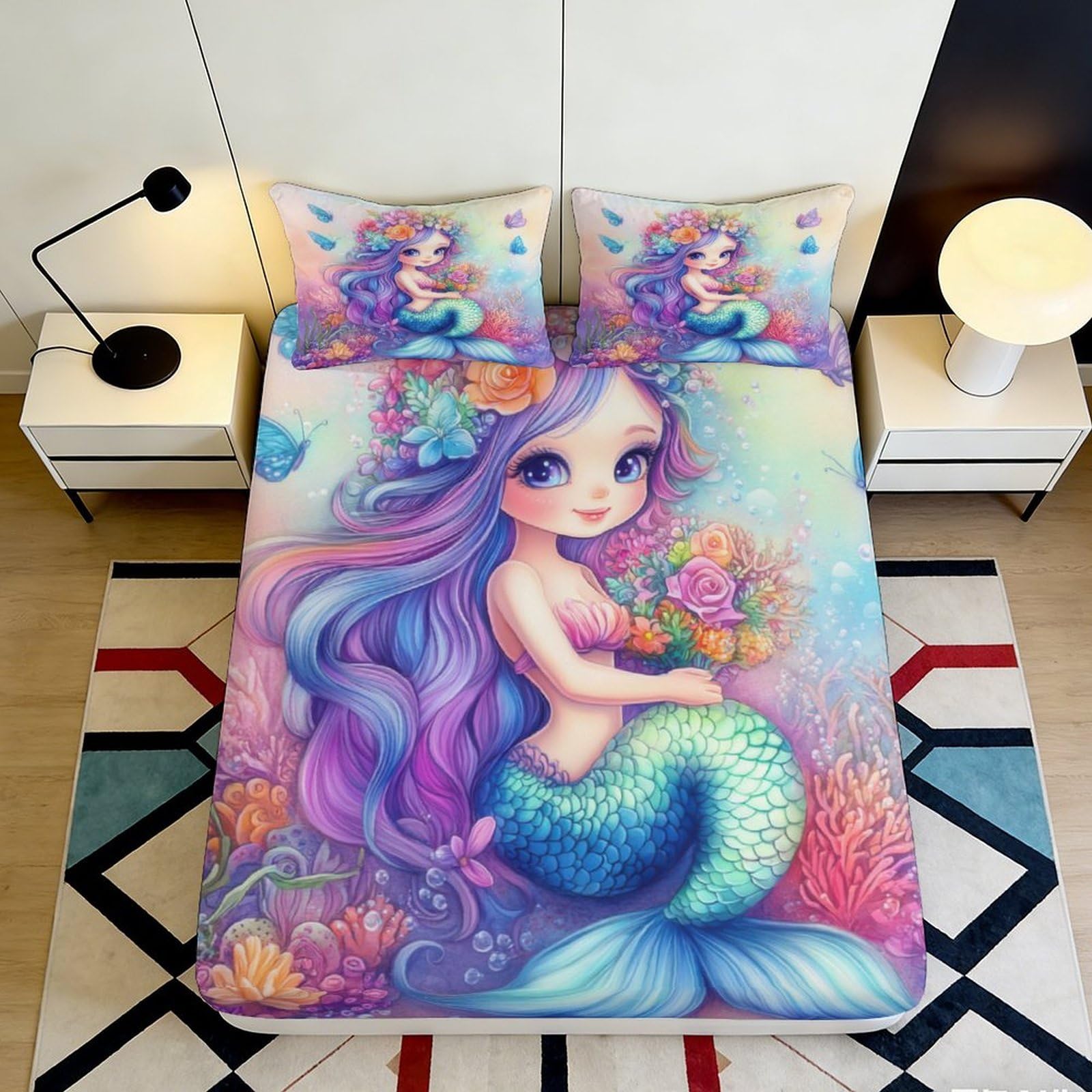 3D Printed Mermaid Fitted Sheet Microfiber Soft Breathable Underwater Fantasy Bed Cover for Bedroom Dormitory Guest Room Mattress Protection Decor 160x200x25cm