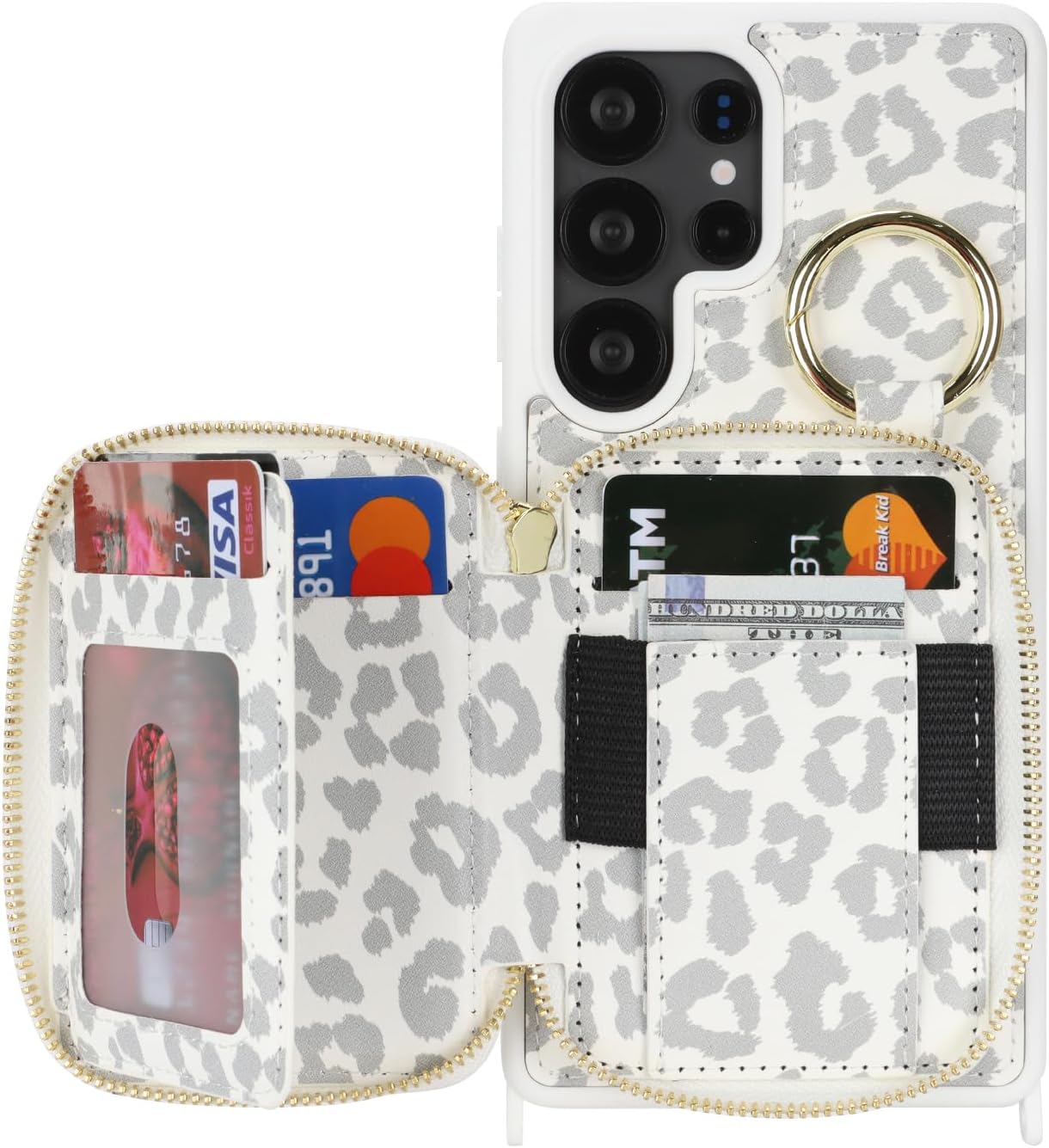 Crossbody Wallet Case for Galaxy S25 Ultra, PU Leather Zipper Handbag Purse Flip Cover, Kickstand Folio Case with Card Slots Holder Wrist Strap Lanyard -White Leopard - Image 6