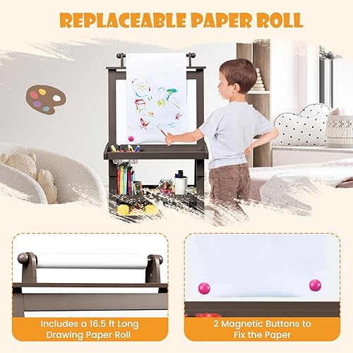 Miniatura 5 de HONEY JOY Caballete de arte para niños, caballete de madera de doble cara 3 en 1 con pizarra blanca magnética y pizarra, rollo de papel, 2