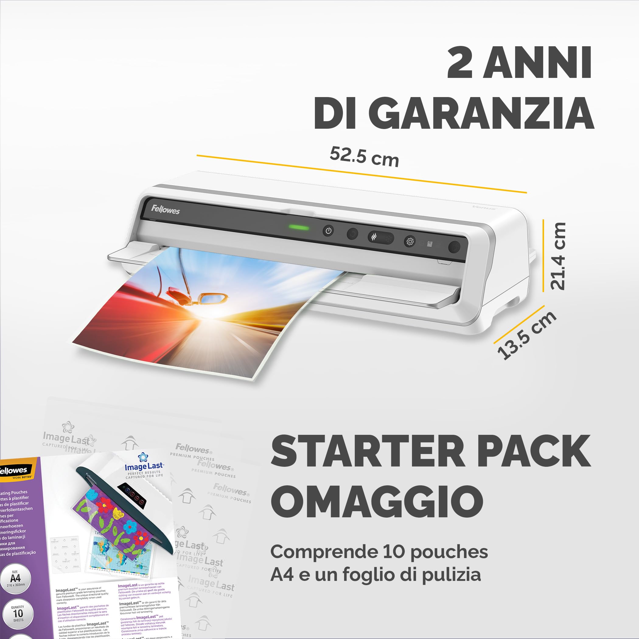 Fellowes plastificatrice a caldo Venus A3, formato A3, fino a 250 micron, per ufficio, riscaldamento rapido, con retromarcia e modalità riposo, colore bianco, incluso starter pack di 10 pouches
