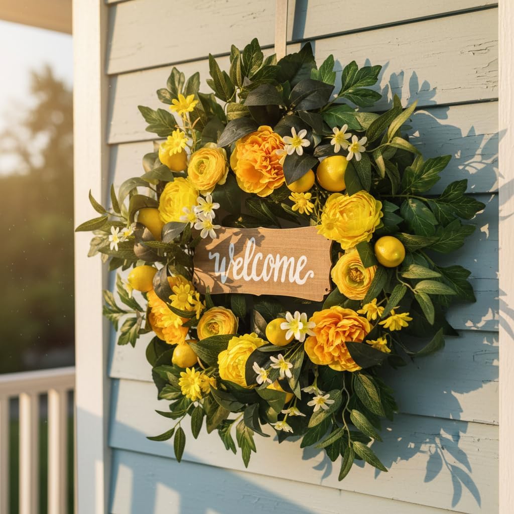 22 Inch Lemon Wreath for Front Door with Welcome Sign Large Artificial Spring Summer Wreath with Yellow Peonies, Greenery & White Blooms, Rustic Farmhouse Porch & Wall Decor
