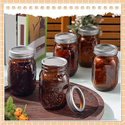 Miniatura 5 de 18 tarros de vidrio ámbar de 16 onzas, tarros de vidrio de colores con boca regular y tapas herméticas, tarros de conservas para conservas, tarros
