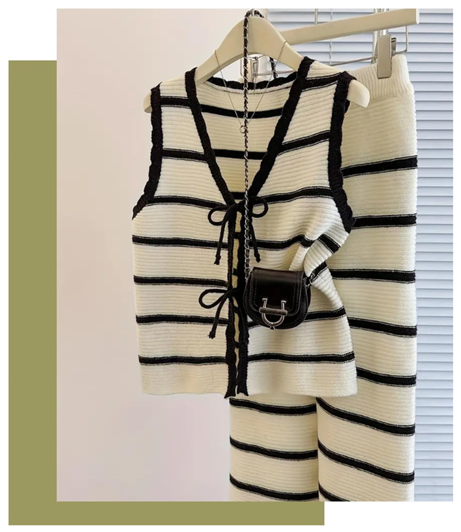 Completo Estivo da Donna In Maglia A Righe Top Senza Maniche Con Allacciatura Frontale E Pantaloni A Gamba Larga Comodo Set Coordinato In Due Pezzi