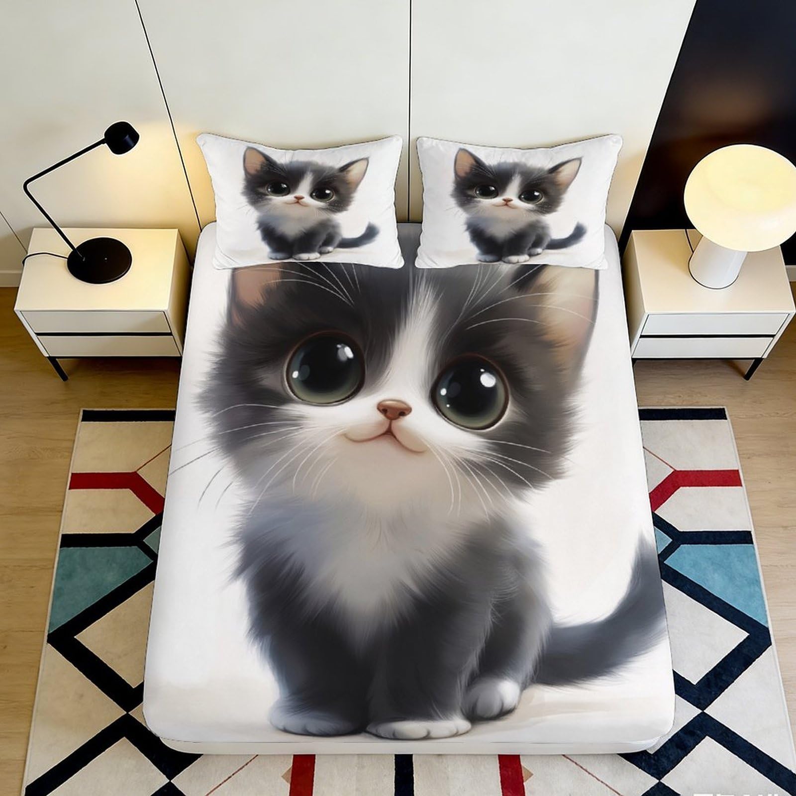 Pnayamiorkfel Style-6 3D Printed Cute Black White Cat Fitted Sheet Microfiber Soft Bedroom Decor Kitten Mattress Cover For Home Guest Room 90X200x25cm