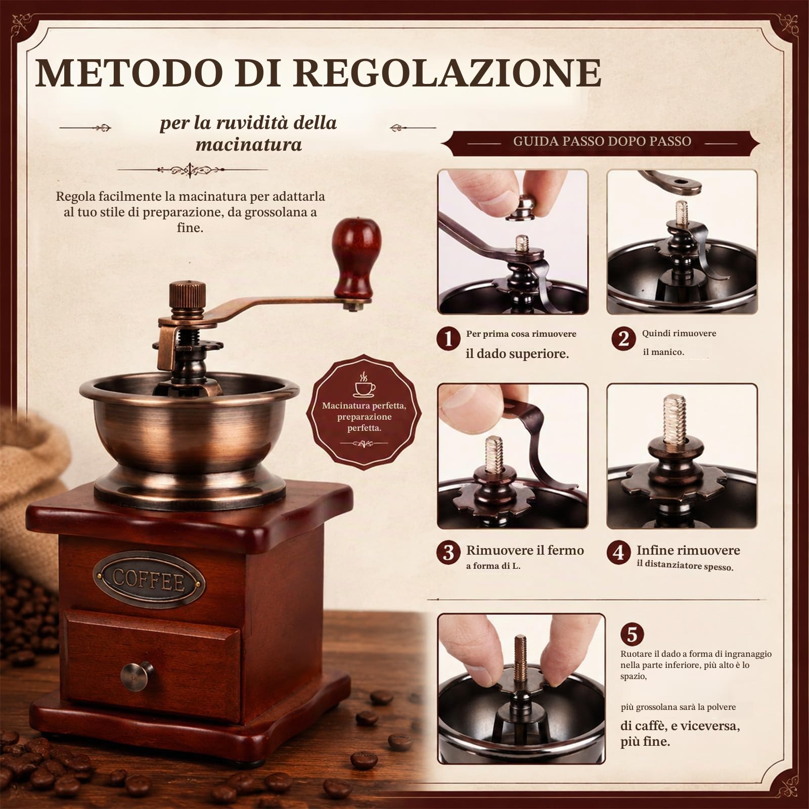 Macinacaffè manuale regolabile Grinder per chicchi di caffè in legno vintage da casa, cucina, ufficio, campeggio, viaggi